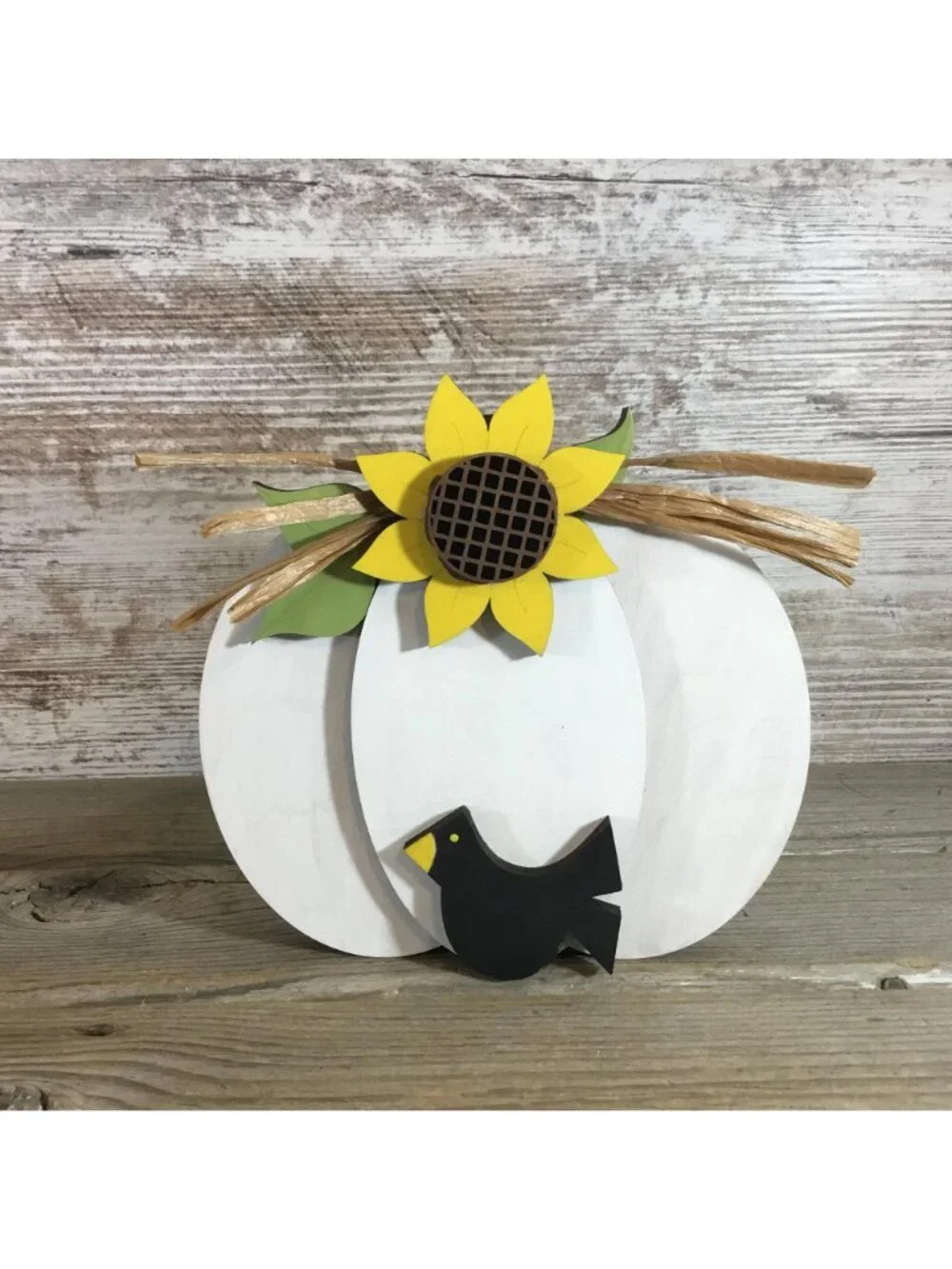 Hand-Painted Wood Pumpkin Set of 2 – Sunflowers, Black Bird, Fall Decor